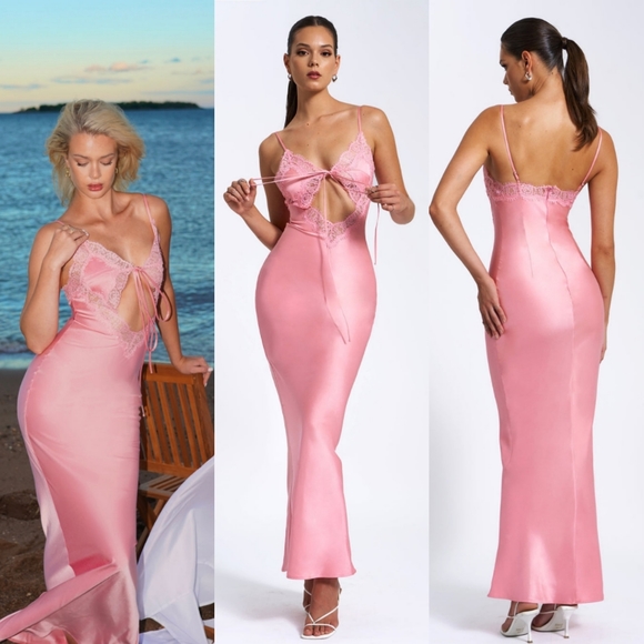 Miss Circle Dresses & Skirts - Miss Circle Zinnia Salmon Pink Satin Lace Maxi Dress